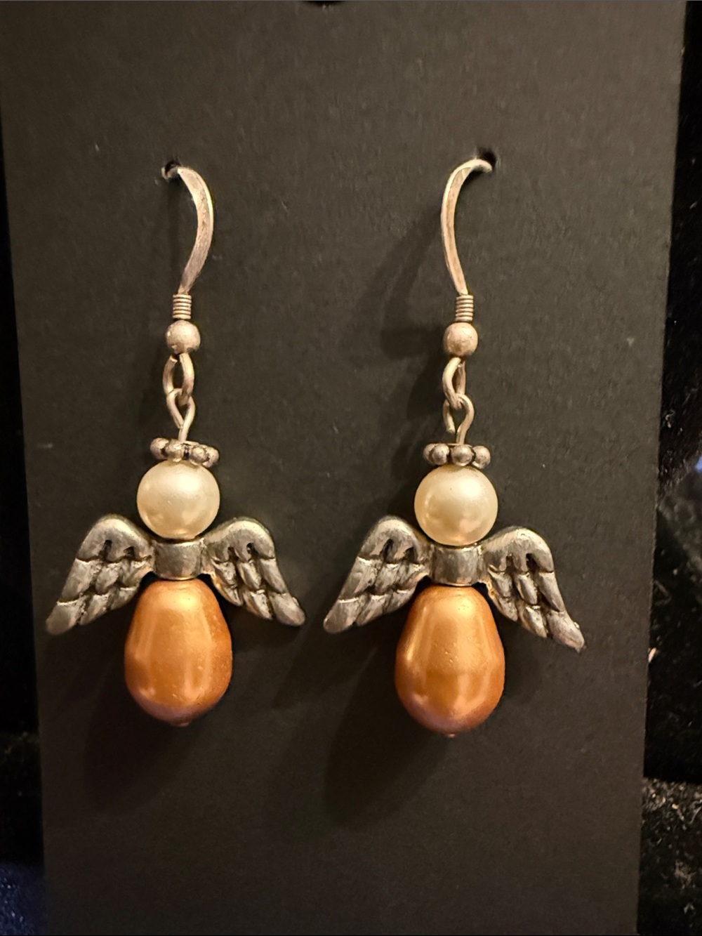 Adorable Sterling, silver wire and faux Pearl little angel pierced earrings